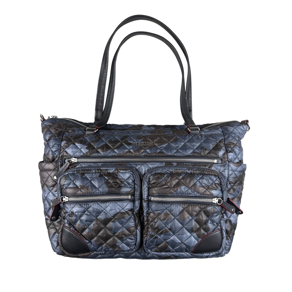 MZ Wallace Quilted Nylon Camo Tote Bag Blue Grey Orange Lining with Pouch